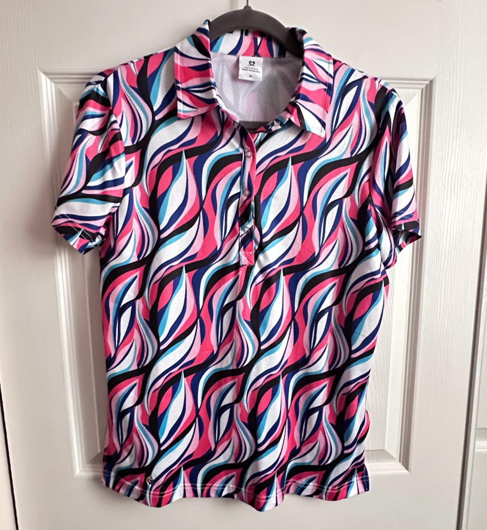 Daily Sports Womens MED Carira Illusion Wave Abstract Short Sleeve Golf Polo